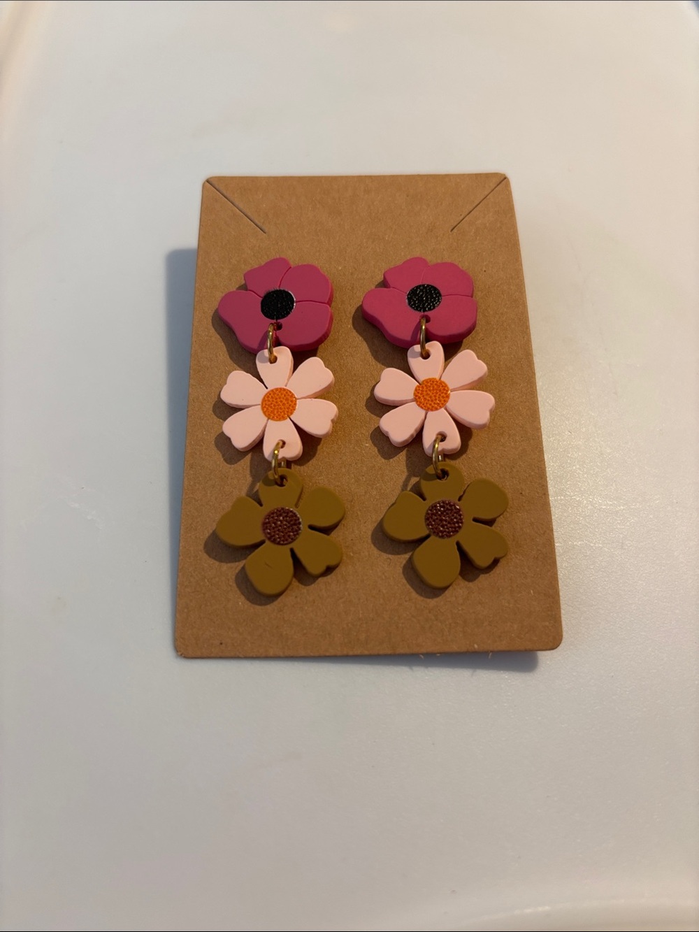 Fashion Jewelry Pink, Light Pink & Olive Layered Flower Drop Earrings - Picture 3 of 4